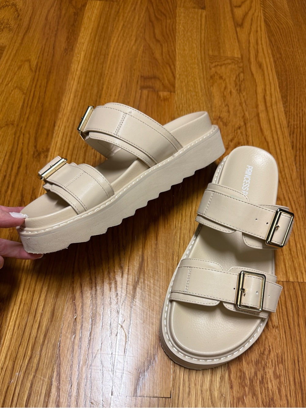 Beige Double-Buckle Platform Slide Sandals